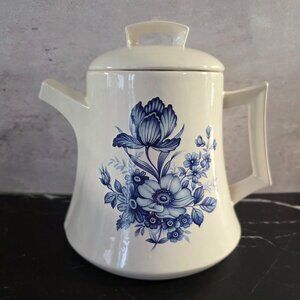 Vintage 1982 Japanese Tea Pot with blue floral print and signed by the artist
